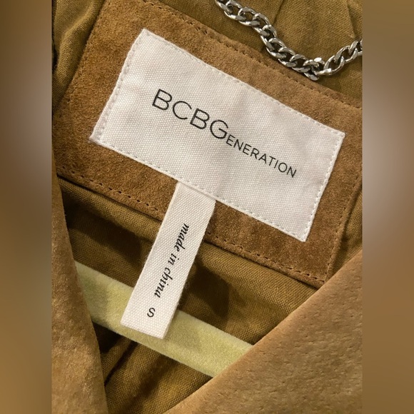 BCBGeneration Size S Camel Tan Suede Full Zip Buckles Moto Bomber Jacket Leather - Picture 13 of 14